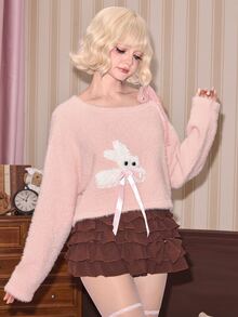 ROMWE Autumn/Winter Faux Mink Yarn Kawaii Rabbit Doll Decor Asymmetrical Shoulder Bow-Knot Cropped Pullover Sweater For Women - Pink - View 5