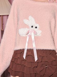 ROMWE Autumn/Winter Faux Mink Yarn Kawaii Rabbit Doll Decor Asymmetrical Shoulder Bow-Knot Cropped Pullover Sweater For Women - Pink - View 2