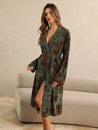 HautHeat Women's Floral Print Long Sleeve Waist Tie Elegant Nightgown
