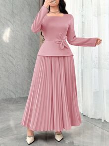 Feyla Women's Solid Color Minimalist Everyday Floral Decor Long Sleeve Dress - Pink - View 5