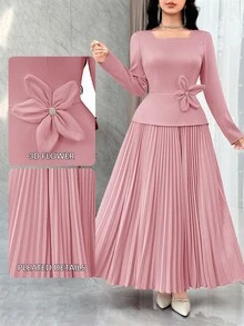 Feyla Women's Solid Color Minimalist Everyday Floral Decor Long Sleeve Dress - Pink - View 3