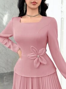Feyla Women's Solid Color Minimalist Everyday Floral Decor Long Sleeve Dress - Pink - View 7