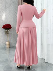 Feyla Women's Solid Color Minimalist Everyday Floral Decor Long Sleeve Dress - Pink - View 4