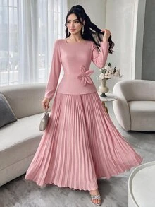 Feyla Women's Solid Color Minimalist Everyday Floral Decor Long Sleeve Dress - Pink - View 2