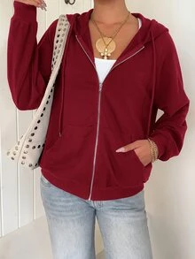 SHEIN EZwear Zip Up Raglan Sleeve Drawstring Hoodie,Long Sleeve Tops In Autumn/ Back-To-School School Black Casual - Burgundy - View 6