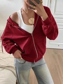 SHEIN EZwear Zip Up Raglan Sleeve Drawstring Hoodie,Long Sleeve Tops In Autumn/ Back-To-School School Black Casual - Burgundy - View 3