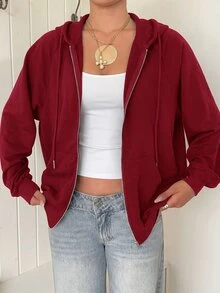 SHEIN EZwear Zip Up Raglan Sleeve Drawstring Hoodie,Long Sleeve Tops In Autumn/ Back-To-School School Black Casual - Burgundy - View 7