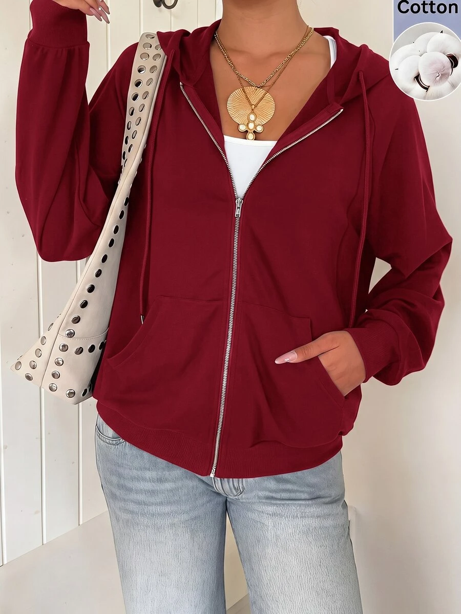 SHEIN EZwear Zip Up Raglan Sleeve Drawstring Hoodie,Long Sleeve Tops In Autumn/ Back-To-School School Black Casual - Burgundy - View 1