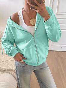 SHEIN EZwear Áo hoodie kéo khóa tay raglan có dây rút, áo dài tay mùa thu/tựu trường màu đen phong cách thường ngày - Màu xanh Bạc hà - Xem 7