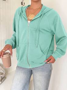 SHEIN EZwear Áo hoodie kéo khóa tay raglan có dây rút, áo dài tay mùa thu/tựu trường màu đen phong cách thường ngày - Màu xanh Bạc hà - Xem 4