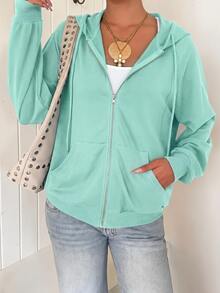 SHEIN EZwear Áo hoodie kéo khóa tay raglan có dây rút, áo dài tay mùa thu/tựu trường màu đen phong cách thường ngày - Màu xanh Bạc hà - Xem 3