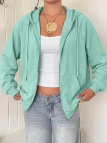 SHEIN EZwear Áo hoodie kéo khóa tay raglan có dây rút, áo dài tay mùa thu/tựu trường màu đen phong cách thường ngày - Màu xanh Bạc hà - Xem 6