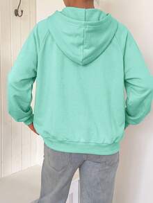 SHEIN EZwear Áo hoodie kéo khóa tay raglan có dây rút, áo dài tay mùa thu/tựu trường màu đen phong cách thường ngày - Màu xanh Bạc hà - Xem 2