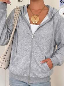 SHEIN EZwear Zip Up Raglan Sleeve Drawstring Sweatshirt,Long Sleeve Tops In Fall/ Back-To-School School Light Grey Casual Everyday Travel - Light Grey - View 8