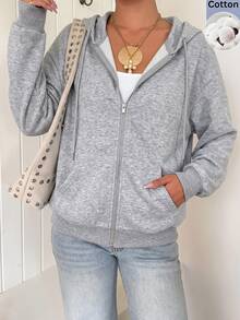 SHEIN EZwear Zip Up Raglan Sleeve Drawstring Sweatshirt,Long Sleeve Tops In Fall/ Back-To-School School Light Grey Casual Everyday Travel - Light Grey - View 1