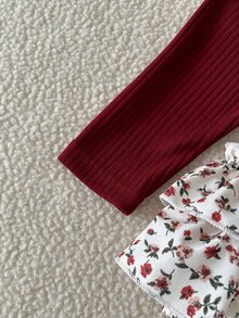 SHEIN Playful Pals 2pcs Baby Girl Romper And Leg Warmers Sweet Burgundy Floral Bow Ruffle Ribbed Long Sleeve Ruffle Round Neck Regular Holiday Fall Princess Chic - Burgundy - View 9