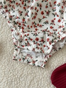 SHEIN Playful Pals 2pcs Baby Girl Romper And Leg Warmers Sweet Burgundy Floral Bow Ruffle Ribbed Long Sleeve Ruffle Round Neck Regular Holiday Fall Princess Chic - Burgundy - View 13