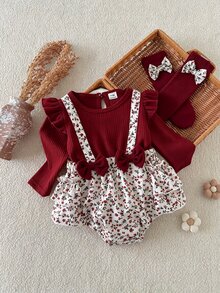 SHEIN Playful Pals 2pcs Baby Girl Romper And Leg Warmers Sweet Burgundy Floral Bow Ruffle Ribbed Long Sleeve Ruffle Round Neck Regular Holiday Fall Princess Chic - Burgundy - View 4