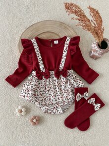 SHEIN Playful Pals 2pcs Baby Girl Romper And Leg Warmers Sweet Burgundy Floral Bow Ruffle Ribbed Long Sleeve Ruffle Round Neck Regular Holiday Fall Princess Chic - Burgundy - View 3