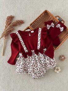 SHEIN Playful Pals 2pcs Baby Girl Romper And Leg Warmers Sweet Burgundy Floral Bow Ruffle Ribbed Long Sleeve Ruffle Round Neck Regular Holiday Fall Princess Chic - Burgundy - View 5