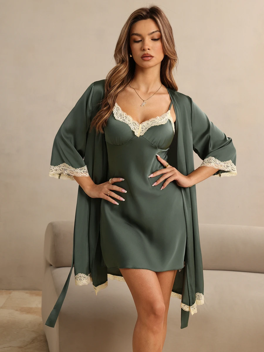 HautHeat Women's Lace Patchwork Camisole Dress And Robe Sexy Loungewear Sleepwear Set - Army Green - View 1