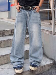 ROMWE MEN Street Life Quần jeans nam thời trang đường phố có túi cài nút - Rửa nhẹ - Xem 6