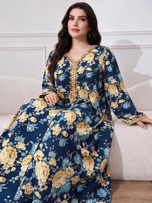 Al Najma 大尺碼女款 V 領花卉印花休閒端莊夏威夷風派對泰國度假婚禮 Ninang 賓客阿拉伯式洋裝 藍黃色 秋季 - 藏蓝色 - 查看 1
