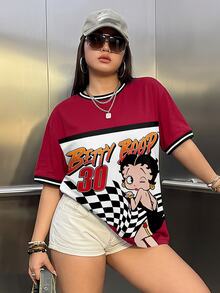 Betty Boop x SHEIN Plus Size Cartoon Print Short Sleeve Colorblock T-Shirt - White - View 1