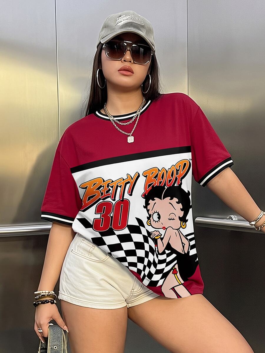 Betty Boop x SHEIN Plus Size Cartoon Print Short Sleeve Colorblock T-Shirt - White - View 1