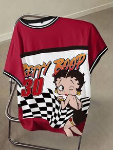 Betty Boop x SHEIN Plus Size Cartoon Print Short Sleeve Colorblock T-Shirt - White - View 5