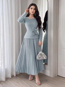 Feyla 女款優雅端莊派對晚宴禮服 3D花卉裝飾百褶下擺 婚禮淺藍色秋季 - 淺藍色 - 查看 5