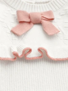 SHEIN Newborn Baby Sweater Romper,Fashion Cute Knitted 3D Bow Round Neck Snap-Up Long Sleeve Ruffle Footed Romper,Soft Autumn Clothes For Baby Shower Gift - Beige - View 8