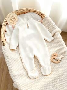 SHEIN Newborn Baby Sweater Romper,Fashion Cute Knitted 3D Bow Round Neck Snap-Up Long Sleeve Ruffle Footed Romper,Soft Autumn Clothes For Baby Shower Gift - Beige - View 2