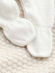 SHEIN Newborn Baby Sweater Romper,Fashion Cute Knitted 3D Bow Round Neck Snap-Up Long Sleeve Ruffle Footed Romper,Soft Autumn Clothes For Baby Shower Gift - Beige - View 5