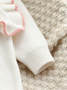 SHEIN Newborn Baby Sweater Romper,Fashion Cute Knitted 3D Bow Round Neck Snap-Up Long Sleeve Ruffle Footed Romper,Soft Autumn Clothes For Baby Shower Gift - Beige - View 7