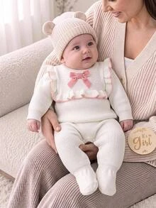 SHEIN Newborn Baby Sweater Romper,Fashion Cute Knitted 3D Bow Round Neck Snap-Up Long Sleeve Ruffle Footed Romper,Soft Autumn Clothes For Baby Shower Gift - Beige - View 9