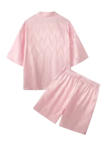 Manfinity RSRT 男士短袖開襟和服襯衫與短褲緞面套裝 - 粉色 - 查看 2