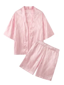 Manfinity RSRT 男士短袖開襟和服襯衫與短褲緞面套裝 - 粉色 - 查看 3
