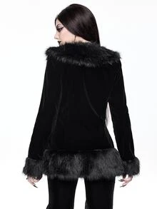 ROMWE Grunge Punk New Chinese Style Frog Button Plush Plush Patchwork Faux Fur Coat - Black - View 4