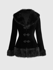 ROMWE Grunge Punk New Chinese Style Frog Button Plush Plush Patchwork Faux Fur Coat - Black - View 8