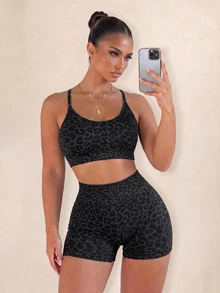 Sirith 2pcs Women's Seamless Sexy Leopard Print Adjustable Cross Strap Bra Backless Camisole Sports Bra And 3/4 Shorts Workout Set For Running Fitness Yoga - Grey - View 1