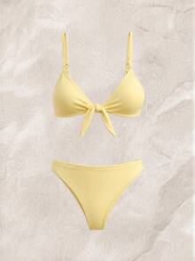 SHEIN Swim Women's 2 Pieces Bikini Swimwear Set, Double Shoulder Straps, Light Yellow Ribbed Fabric, Two Pieces Swimwear For Beach, Island, Pool Party, Casual Versatile - Light Yellow - View 1