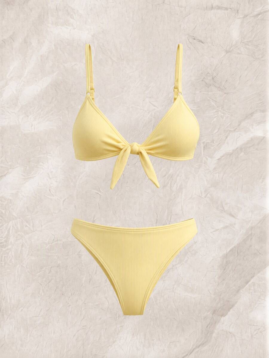 SHEIN Swim Women's 2 Pieces Bikini Swimwear Set, Double Shoulder Straps, Light Yellow Ribbed Fabric, Two Pieces Swimwear For Beach, Island, Pool Party, Casual Versatile - Light Yellow - View 1