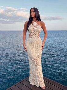 Sirith Women's New Elegant Sexy Vacation Beach Cover Up, Openwork Lace Crochet Mesh Knit Cover Up, Suitable For Spring Break And Boho Festival For Summer - Apricot - View 3