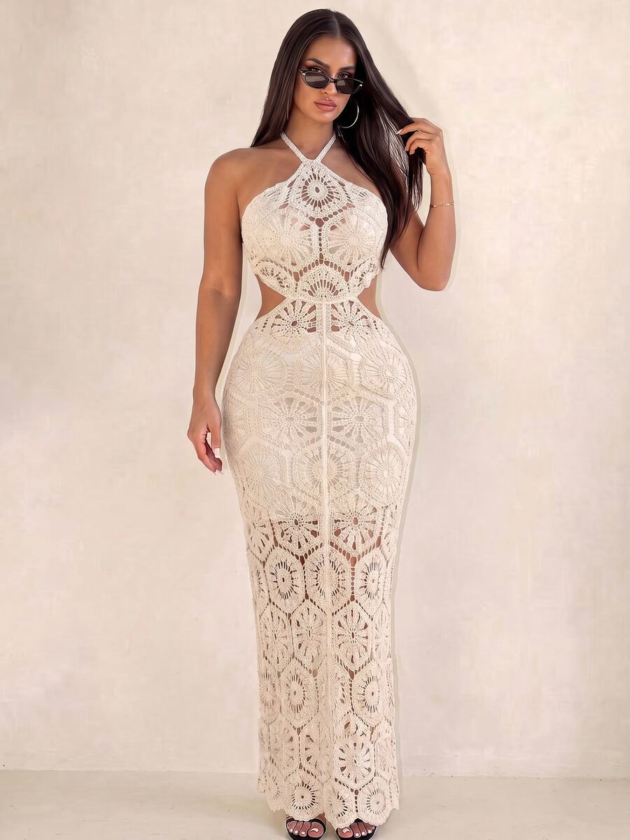 Sirith Women's New Elegant Sexy Vacation Beach Cover Up, Openwork Lace Crochet Mesh Knit Cover Up, Suitable For Spring Break And Boho Festival For Summer - Apricot - View 1