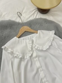 Selianne 女士白色可爱韩版彼得潘领百搭衬衫，适合秋冬季分层女士衬衫 - 白色 - 查看 5