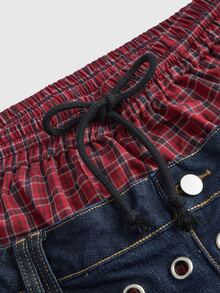 ROMWE Y2K Celana Denim Model Lurus Longgar Motif Kotak-kotak Patchwork Dua Potong Gaya Punk Street dengan Hiasan Lubang Logam - Navy Blue - View 12