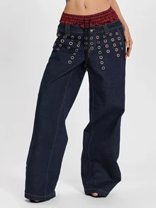 ROMWE Y2K Celana Denim Model Lurus Longgar Motif Kotak-kotak Patchwork Dua Potong Gaya Punk Street dengan Hiasan Lubang Logam - Navy Blue - View 4