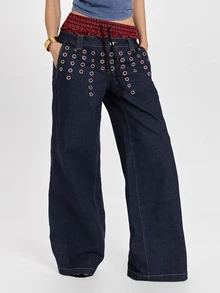 ROMWE Y2K Celana Denim Model Lurus Longgar Motif Kotak-kotak Patchwork Dua Potong Gaya Punk Street dengan Hiasan Lubang Logam - Navy Blue - View 6