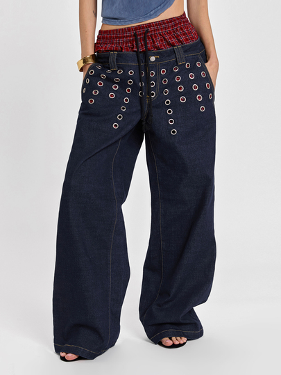 ROMWE Y2K Punk Street Style Faux Two-Piece Plaid Patchwork Denim Loose Straight Leg Pants With Metal Eyelet Decor